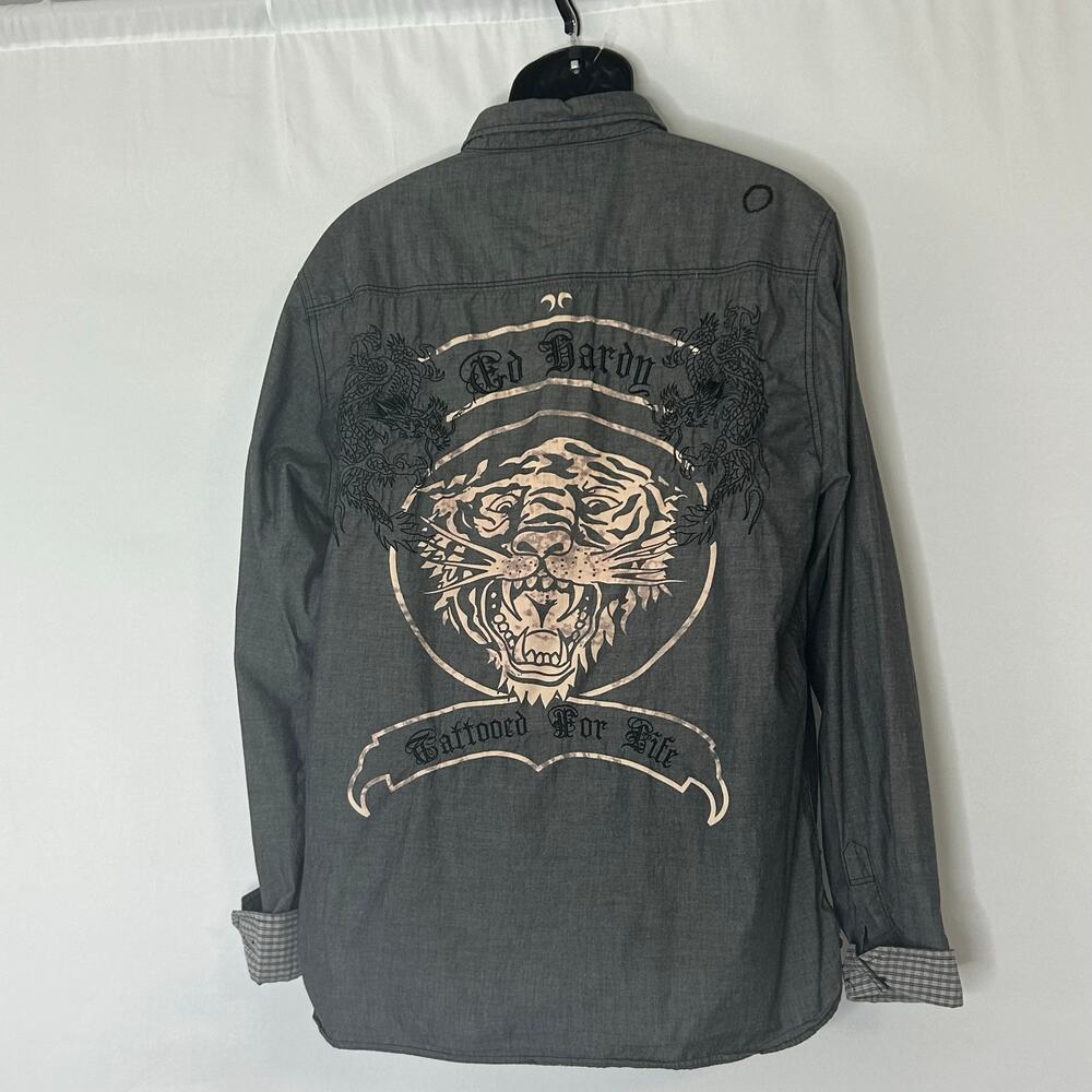 Ed Hardy Button Up Shirt XL Tiger Graphic Tattooed For Life Gray Y2K Streetwear